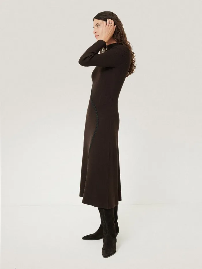 Lattice Trim Knitted Dress Brown Women Jigsaw Dresses and Jumpsuits