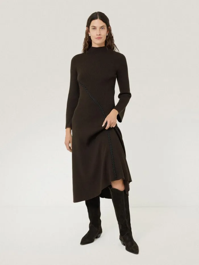 Lattice Trim Knitted Dress Brown Women Jigsaw Dresses and Jumpsuits
