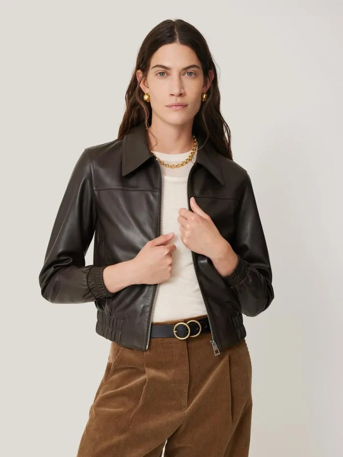Leather Zip Front Biker Dark Olive Women Jigsaw Coats and Jackets