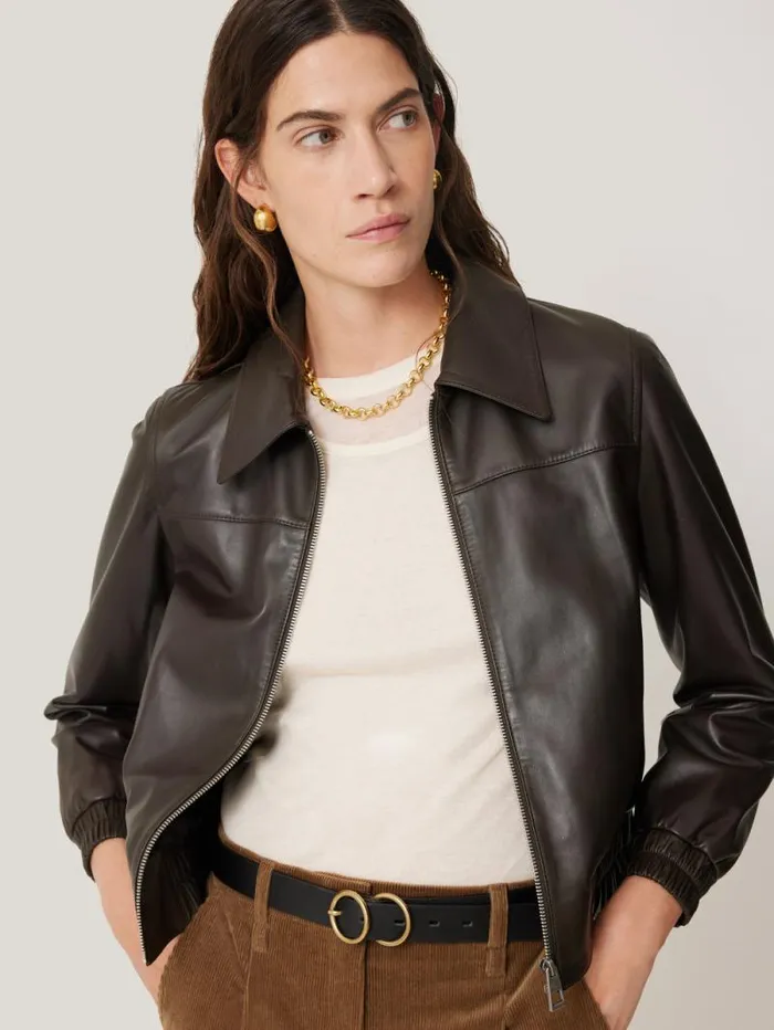 Leather Zip Front Biker Dark Olive Women Jigsaw Coats and Jackets