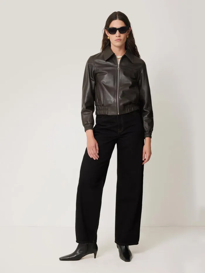 Leather Zip Front Biker Dark Olive Women Jigsaw Coats and Jackets