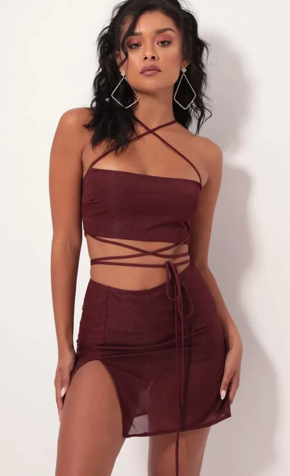 Leslie Shimmer Mesh Set Burgundy Women LUCY IN THE SKY Shorts