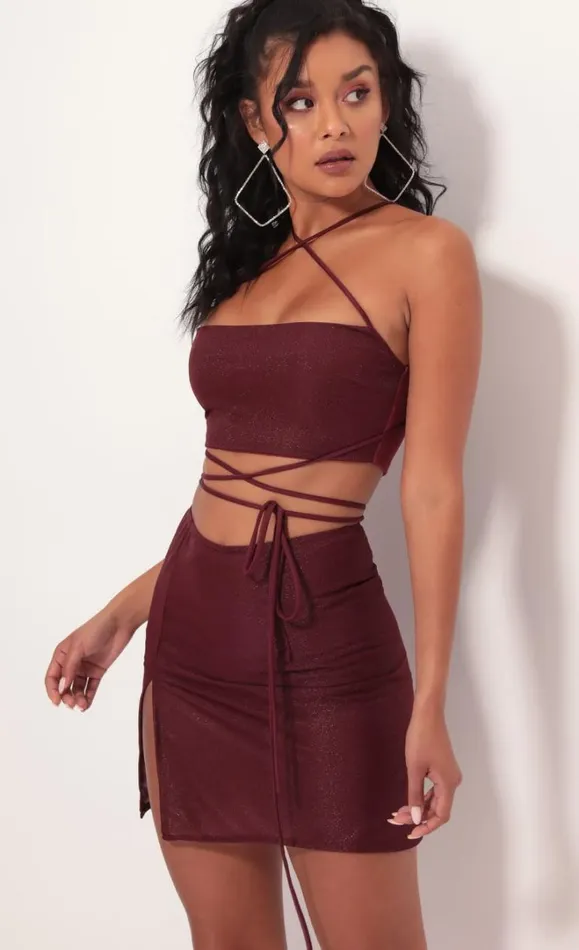 Leslie Shimmer Mesh Set Burgundy Women LUCY IN THE SKY Shorts Leslie Shimmer Mesh Set Burgundy Women LUCY IN THE SKY Shorts