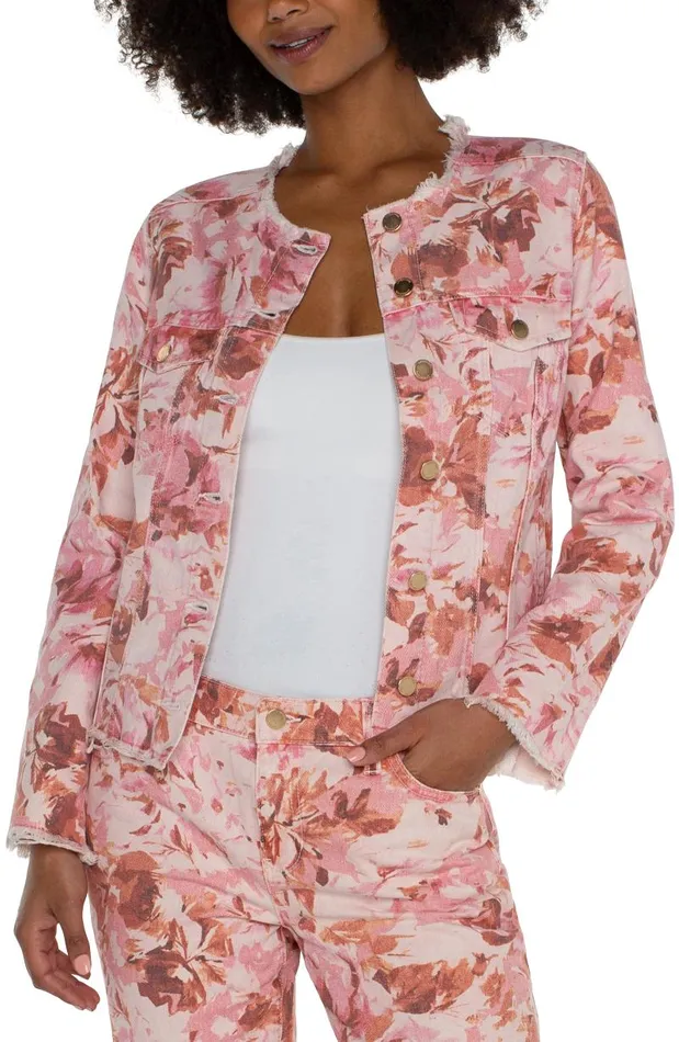 Liverpool Los Angeles Jackets PRINTED CROPPED ECO JACKET WITH FRAY HEM Pink Floral 8211 Womens Liverpool Los Angeles Jackets PRINTED CROPPED ECO JACKET WITH FRAY HEM Pink Floral 8211 Womens