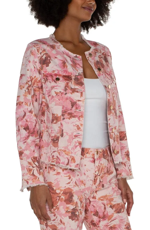 Liverpool Los Angeles Jackets PRINTED CROPPED ECO JACKET WITH FRAY HEM Pink Floral 8211 Womens
