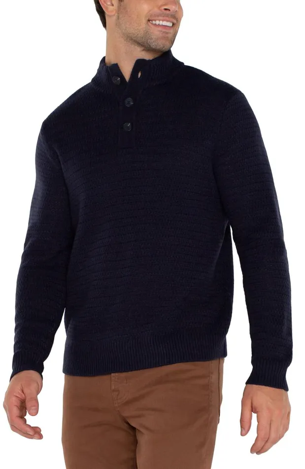 Liverpool Los Angeles Sweaters BUTTON MOCK NECK SWEATER Navy 8211 Mens