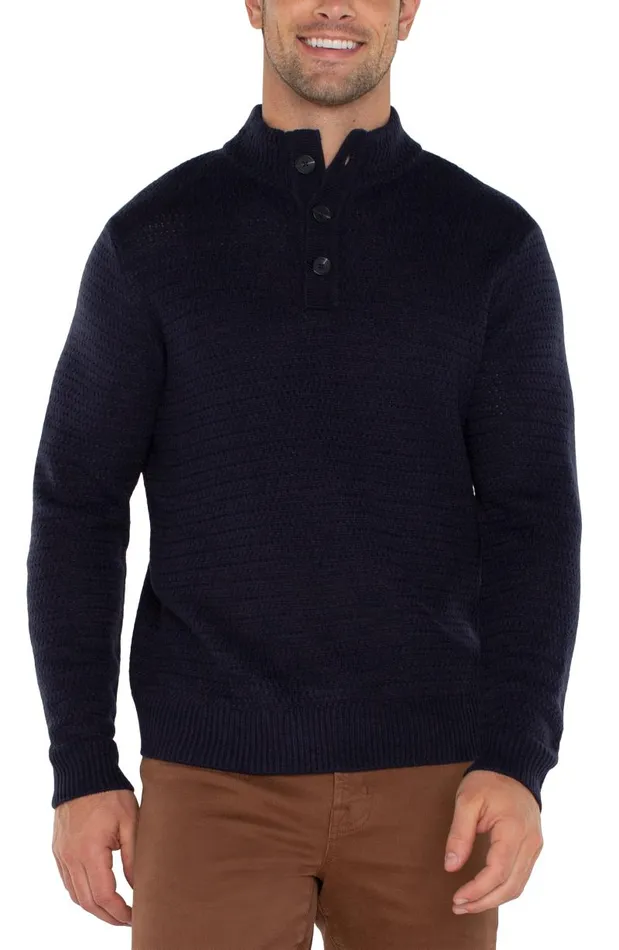 Liverpool Los Angeles Sweaters BUTTON MOCK NECK SWEATER Navy 8211 Mens