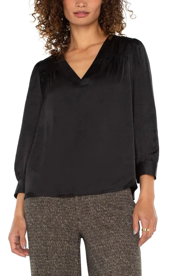 Liverpool Los Angeles Tops LONG SLEEVE PLEATED NECK WOVEN BLOUSE Black 8211 Womens