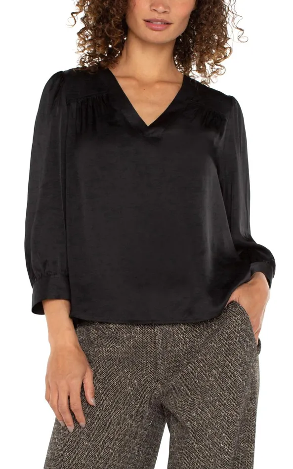 Liverpool Los Angeles Tops LONG SLEEVE PLEATED NECK WOVEN BLOUSE Black 8211 Womens