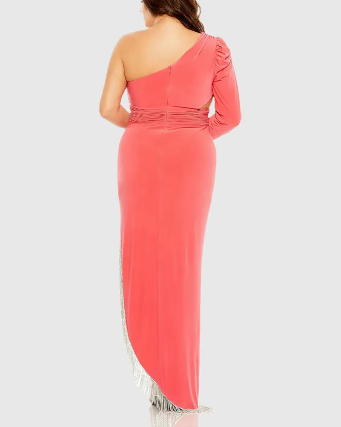 Long Sleeve One Shoulder Fringe Embellished Gown Watermelon Women Plus Size Dresses Mac Duggal Long Sleeve One Shoulder Fringe Embellished Gown Watermelon Women Plus Size Dresses Mac Duggal