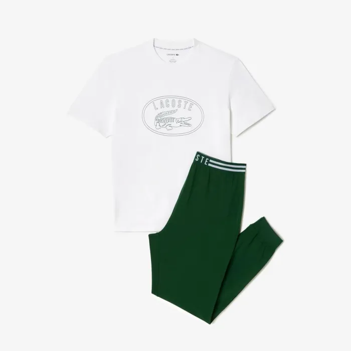 Loungewear and Pajamas Men Lacoste Men039s Pajama Set With Contrast Logo Print Pants White Green 737
