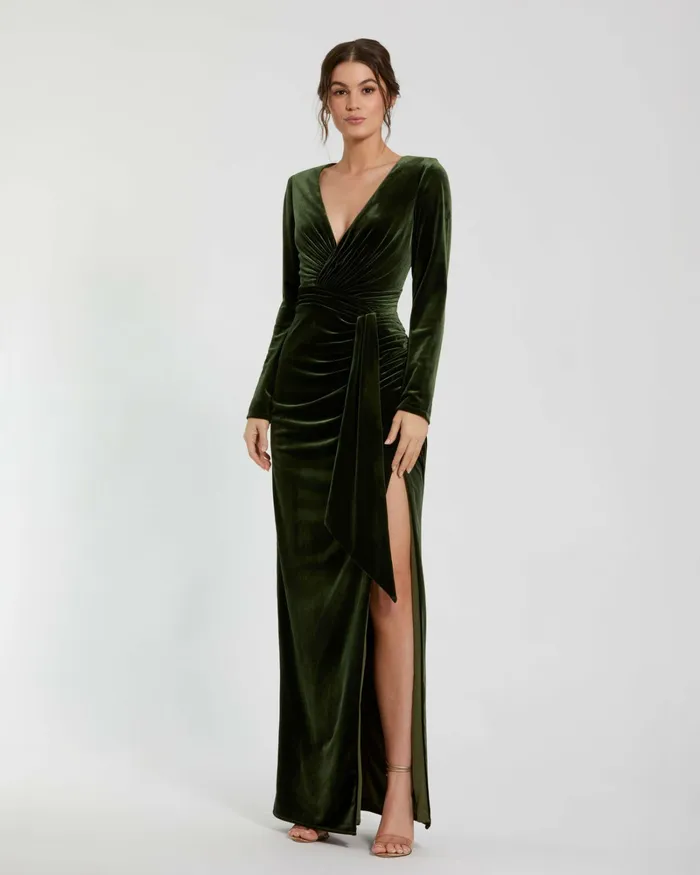 Mac Duggal Best Sellers Women Long Sleeve Deep V Draped Velvet Gown Olive