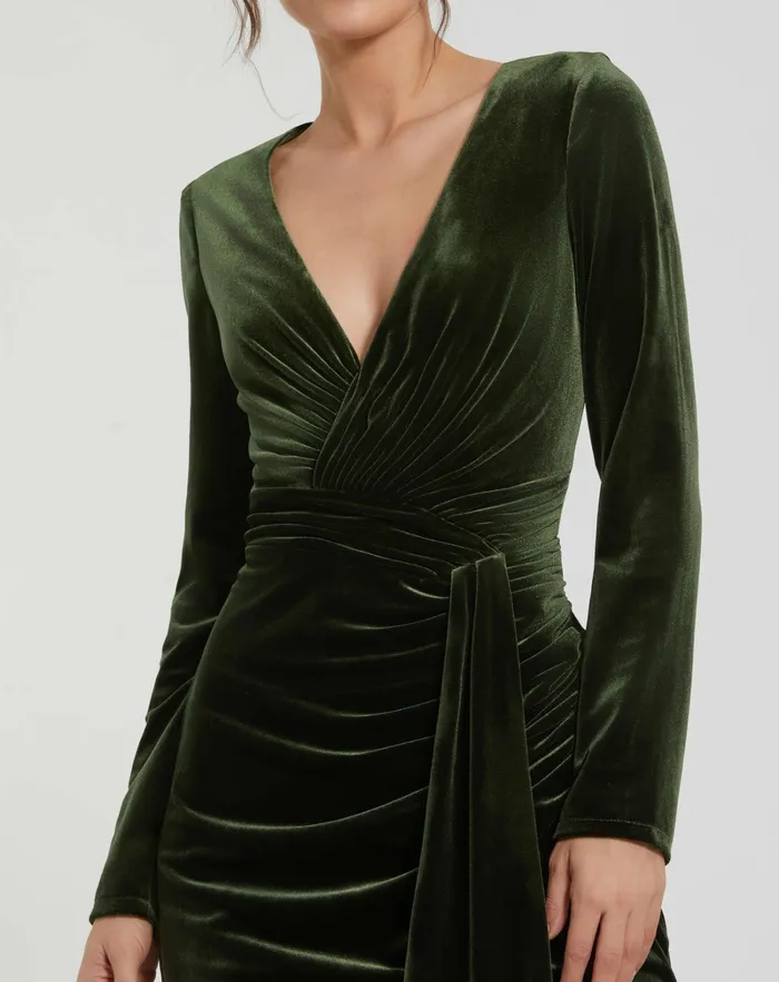 Mac Duggal Best Sellers Women Long Sleeve Deep V Draped Velvet Gown Olive