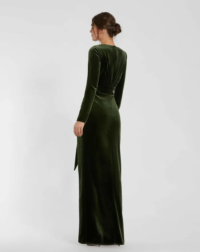 Mac Duggal Best Sellers Women Long Sleeve Deep V Draped Velvet Gown Olive