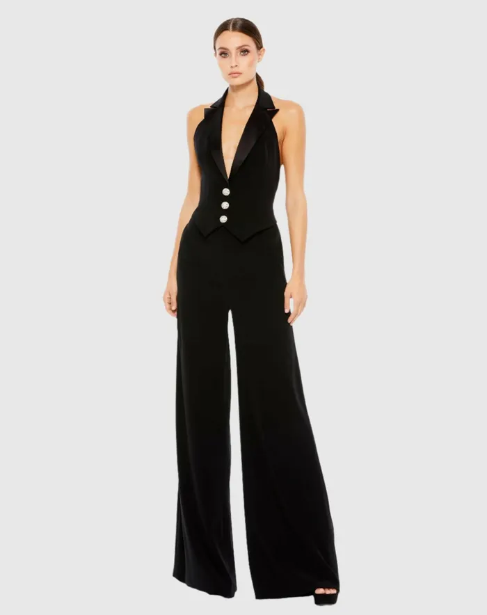 Mac Duggal Black Tuxedo Halter Jumpsuit Jet Black Women Jumpsuits and Rompers