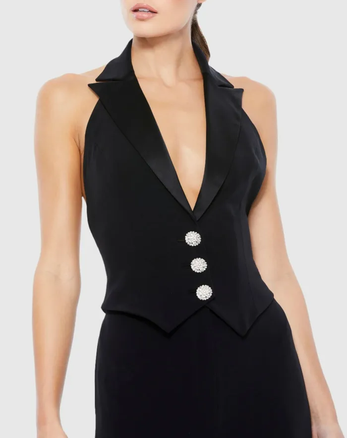 Mac Duggal Black Tuxedo Halter Jumpsuit Jet Black Women Jumpsuits and Rompers