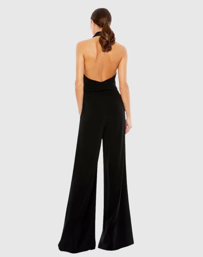 Mac Duggal Black Tuxedo Halter Jumpsuit Jet Black Women Jumpsuits and Rompers