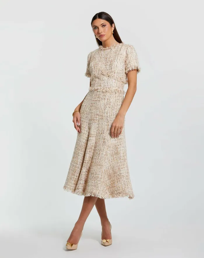 Mac Duggal Daytime Dresses Women Boucle Short Sleeve A Line Midi Dress Blush