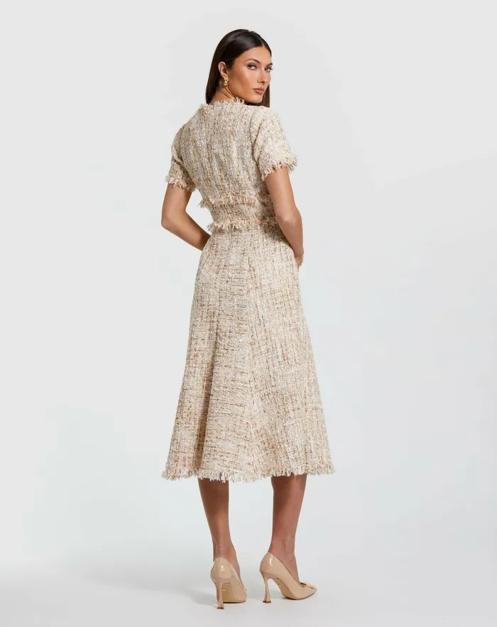 Mac Duggal Daytime Dresses Women Boucle Short Sleeve A Line Midi Dress Blush