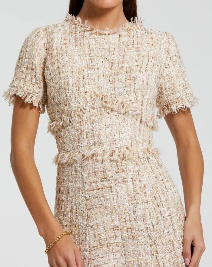 Mac Duggal Daytime Dresses Women Boucle Short Sleeve A Line Midi Dress Blush