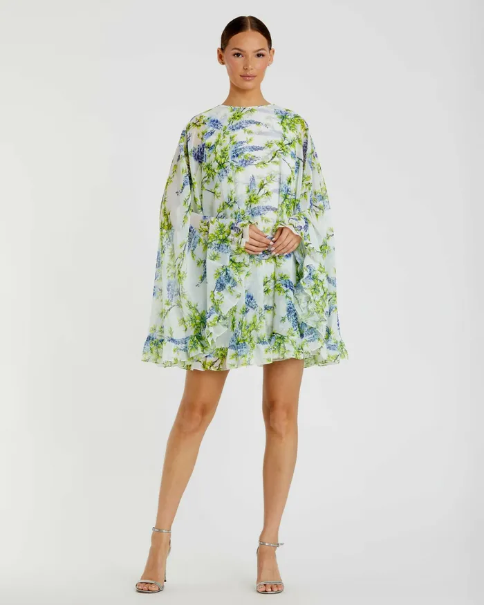 Mac Duggal Daytime Dresses Women Floral Print High Neck Ruffle Hem Cape Mini Dress White Multi