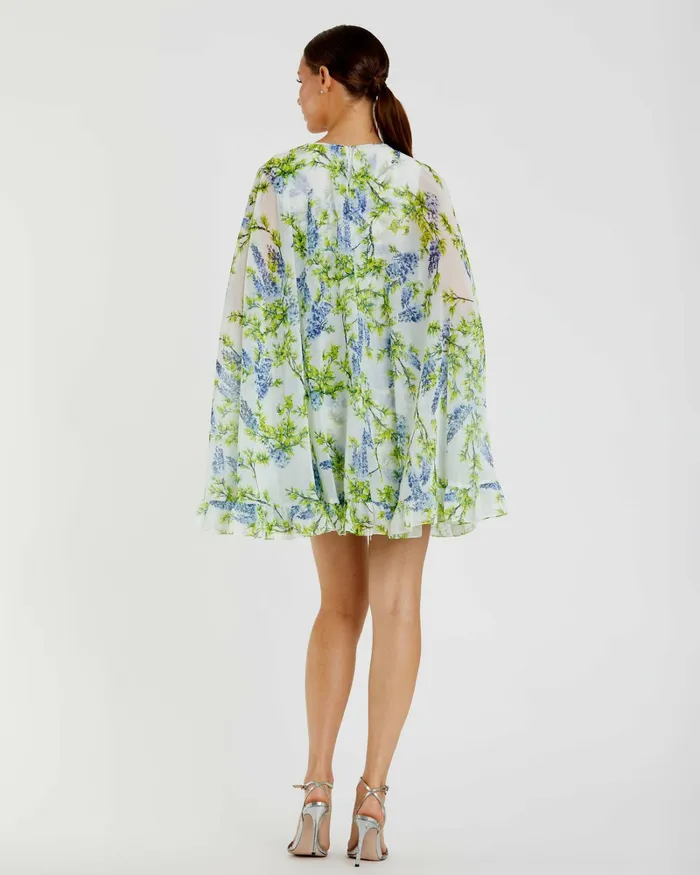 Mac Duggal Daytime Dresses Women Floral Print High Neck Ruffle Hem Cape Mini Dress White Multi