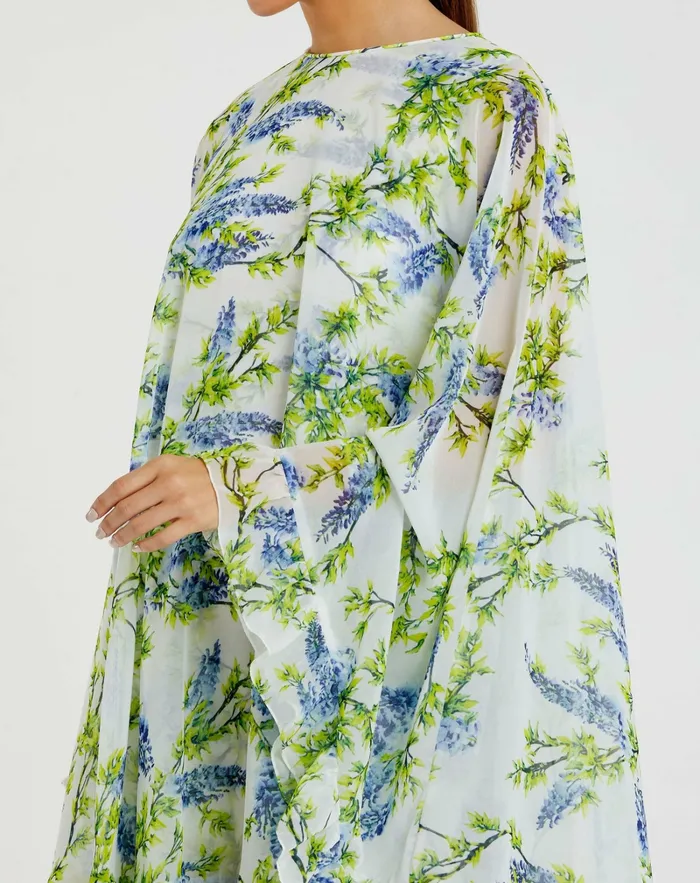 Mac Duggal Daytime Dresses Women Floral Print High Neck Ruffle Hem Cape Mini Dress White Multi