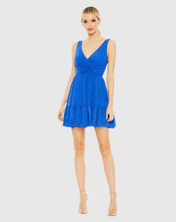 Mac Duggal Daytime Dresses Women Tiered Ruffle Fit and Flare Mini Dress Royal Blue