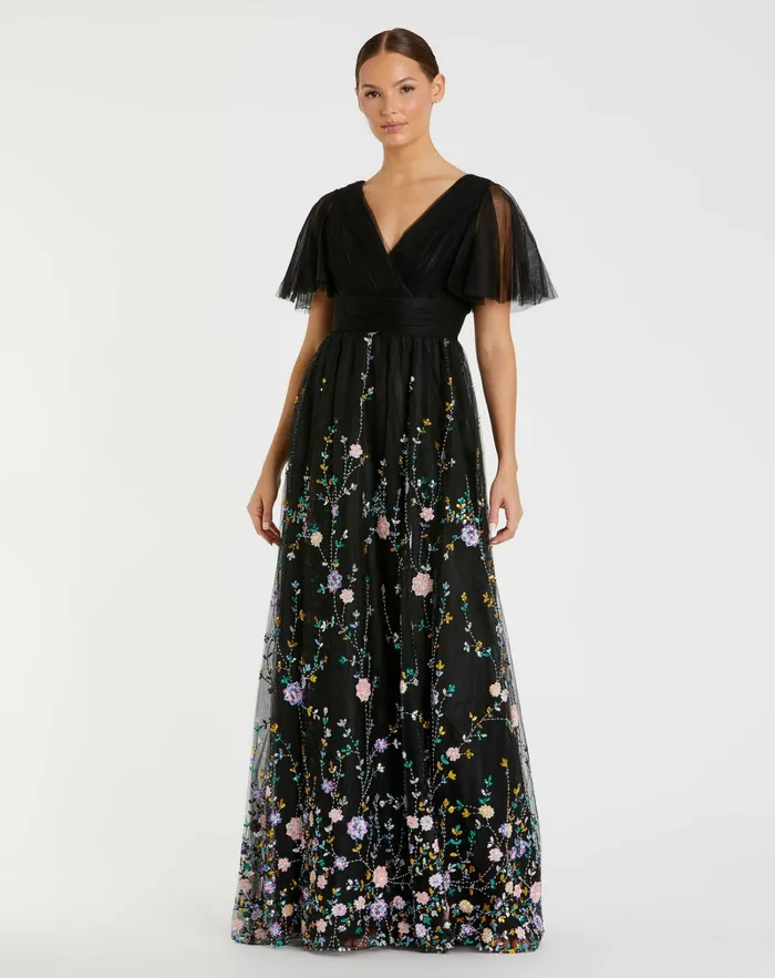 Mac Duggal Embroidered Illusion Butterfly Sleeve V Neck Gown Black Multi Women Evening Gowns