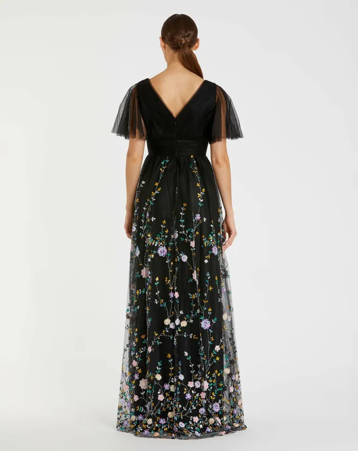 Mac Duggal Embroidered Illusion Butterfly Sleeve V Neck Gown Black Multi Women Evening Gowns