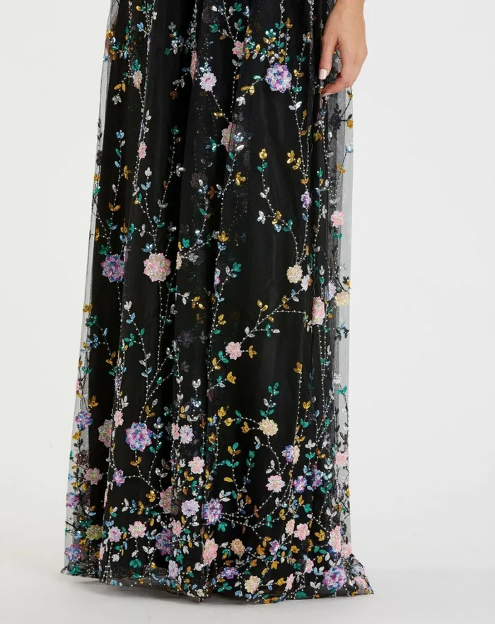 Mac Duggal Embroidered Illusion Butterfly Sleeve V Neck Gown Black Multi Women Evening Gowns
