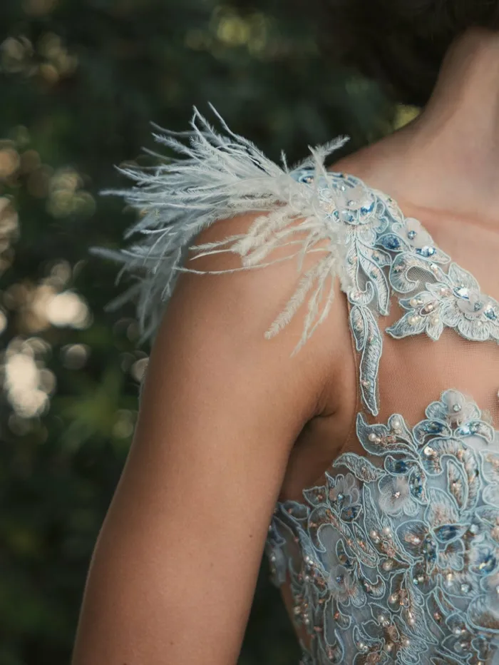 Mac Duggal Evening Gowns Women Embroidered Applique Feathered One Shoulder Trumpet Gown Crystal Blue