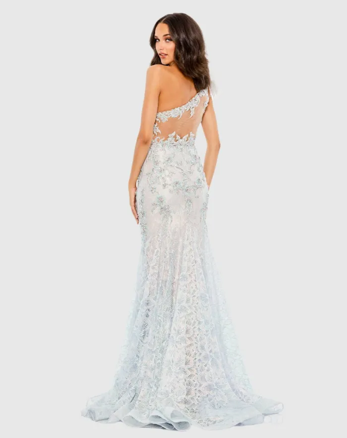 Mac Duggal Evening Gowns Women Embroidered Applique Feathered One Shoulder Trumpet Gown Crystal Blue