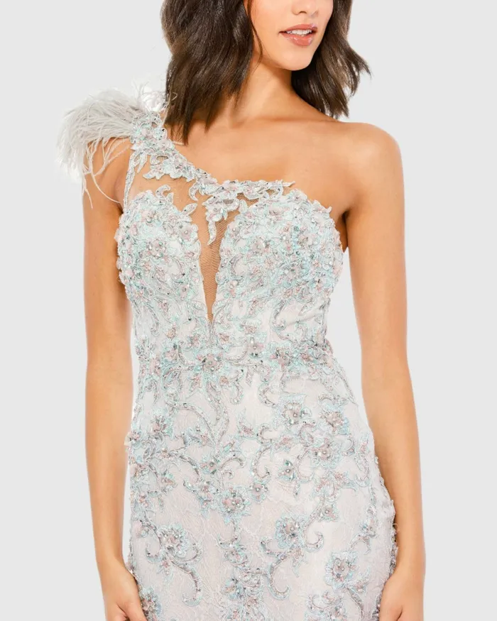 Mac Duggal Evening Gowns Women Embroidered Applique Feathered One Shoulder Trumpet Gown Crystal Blue
