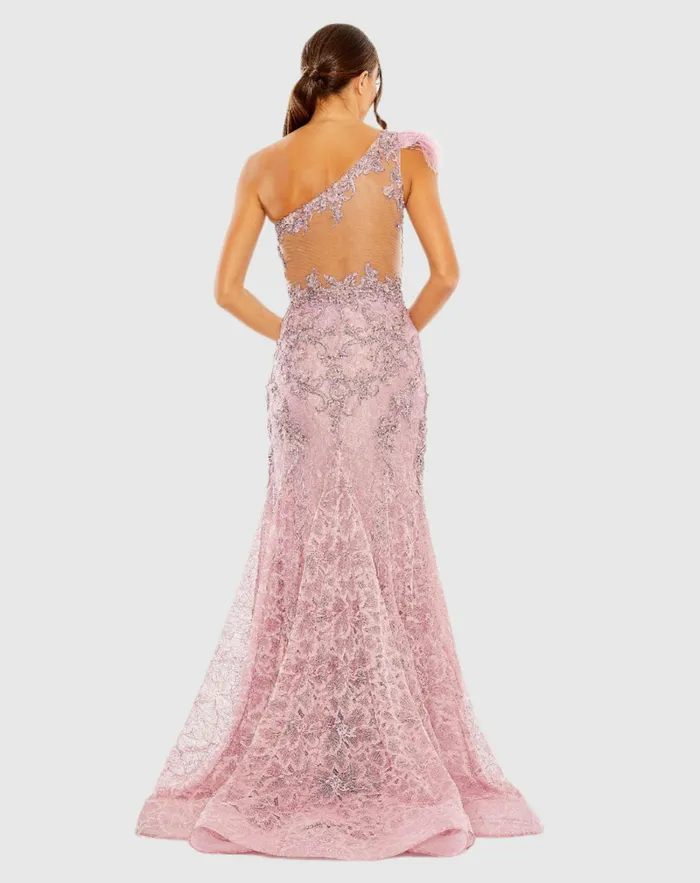 Mac Duggal Evening Gowns Women Embroidered Applique Feathered One Shoulder Trumpet Gown Crystal Blue