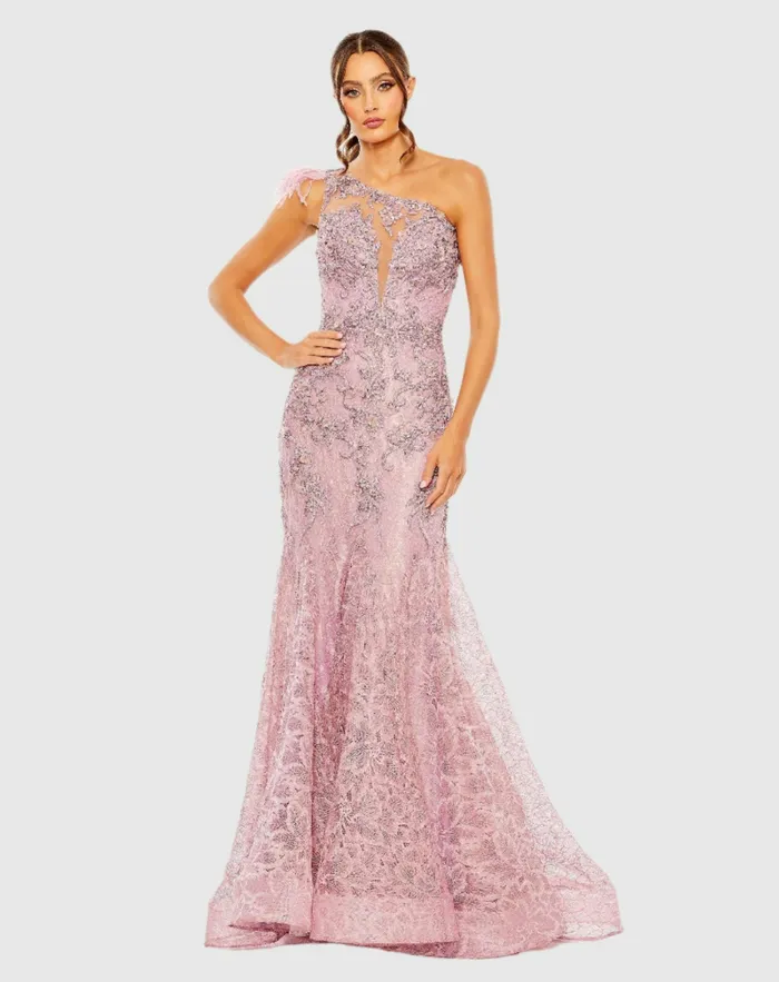 Mac Duggal Evening Gowns Women Embroidered Applique Feathered One Shoulder Trumpet Gown Crystal Blue