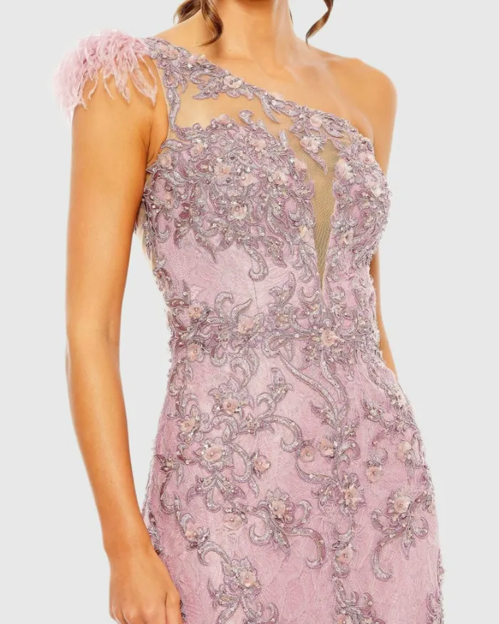 Mac Duggal Evening Gowns Women Embroidered Applique Feathered One Shoulder Trumpet Gown Crystal Blue