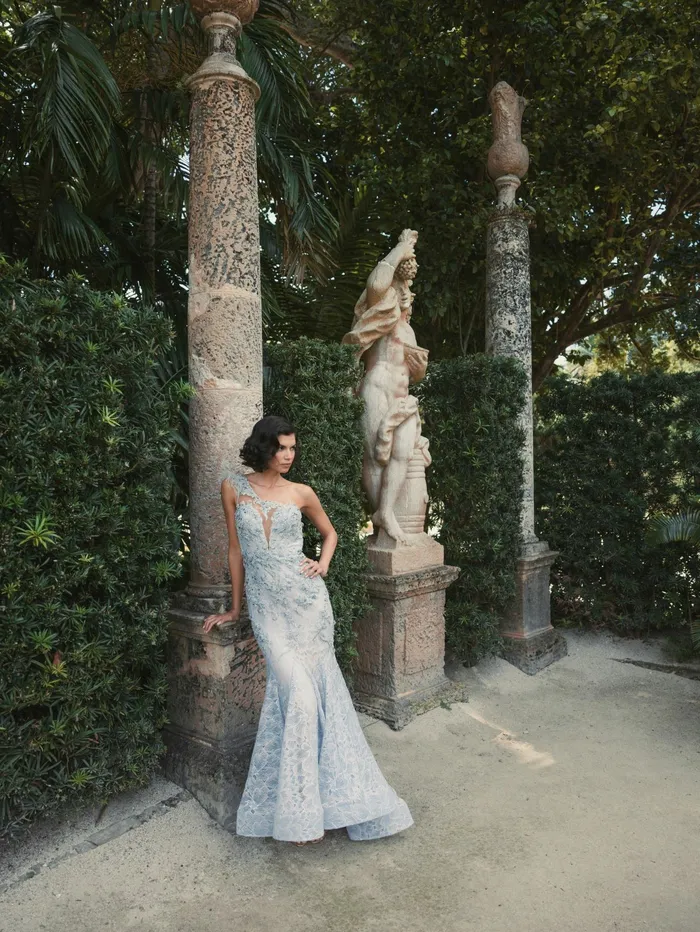 Mac Duggal Evening Gowns Women Embroidered Applique Feathered One Shoulder Trumpet Gown Crystal Blue