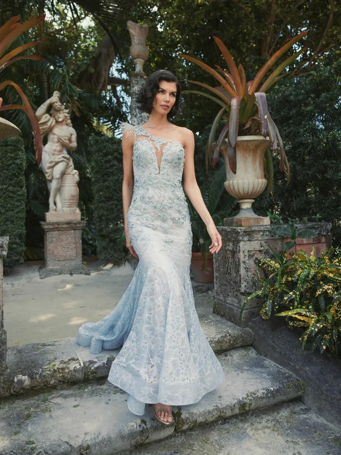 Mac Duggal Evening Gowns Women Embroidered Applique Feathered One Shoulder Trumpet Gown Crystal Blue