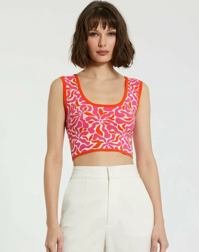 Mac Duggal Knitwear Women Sleeveless Floral Knit Cropped Tank Top 8211 FINAL SALE Sunset Multi