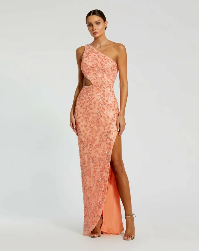 Mac Duggal Mac Duggal Embellished Mesh Column Prom Dress Peach Women Evening Gowns