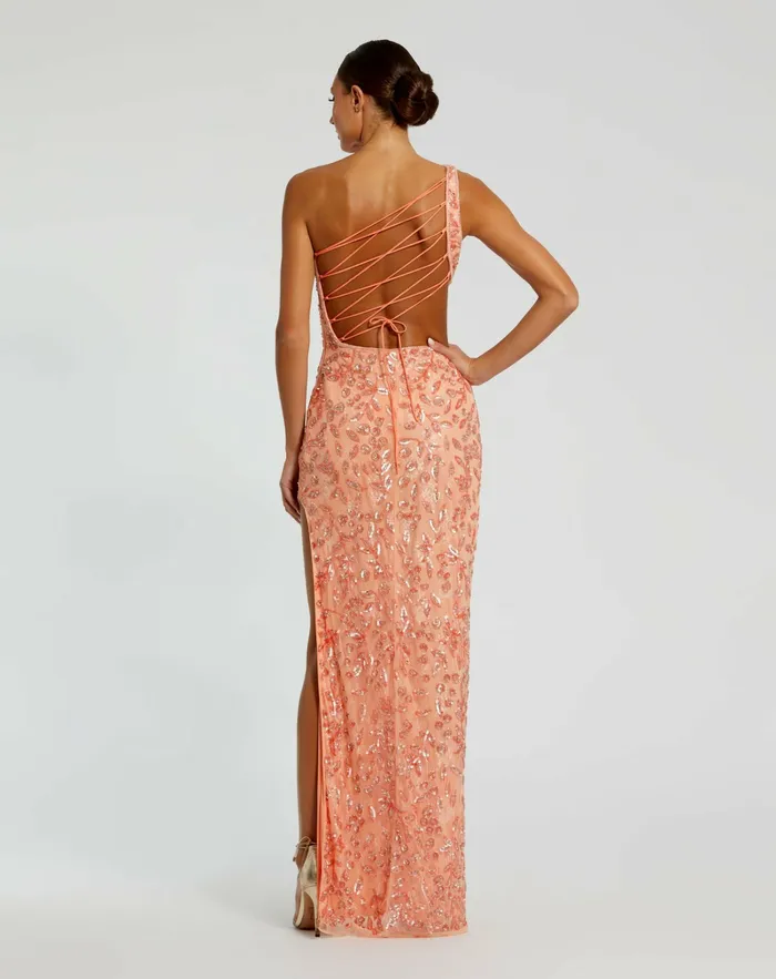 Mac Duggal Mac Duggal Embellished Mesh Column Prom Dress Peach Women Evening Gowns Mac Duggal Mac Duggal Embellished Mesh Column Prom Dress Peach Women Evening Gowns