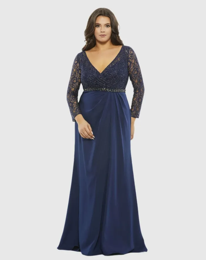 Mac Duggal Plus Size Dresses Women Lace Illusion Long Sleeve VNeck Draped Gown Plus MIDNIGHT