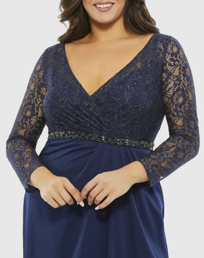 Mac Duggal Plus Size Dresses Women Lace Illusion Long Sleeve VNeck Draped Gown Plus MIDNIGHT Mac Duggal Plus Size Dresses Women Lace Illusion Long Sleeve VNeck Draped Gown Plus MIDNIGHT