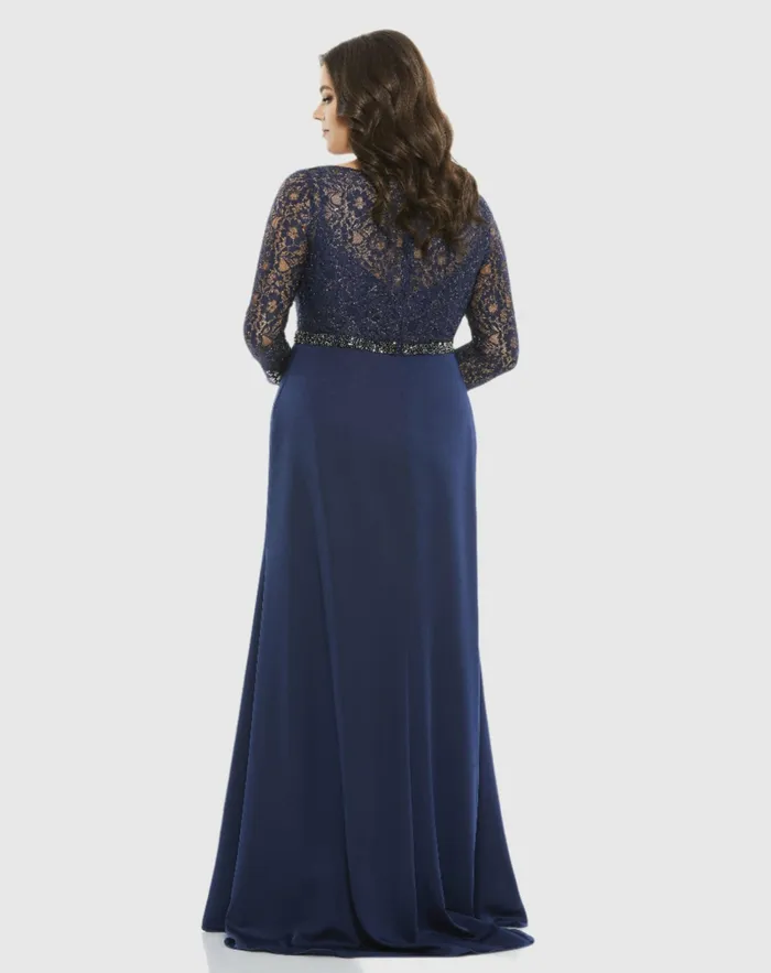 Mac Duggal Plus Size Dresses Women Lace Illusion Long Sleeve VNeck Draped Gown Plus MIDNIGHT Mac Duggal Plus Size Dresses Women Lace Illusion Long Sleeve VNeck Draped Gown Plus MIDNIGHT