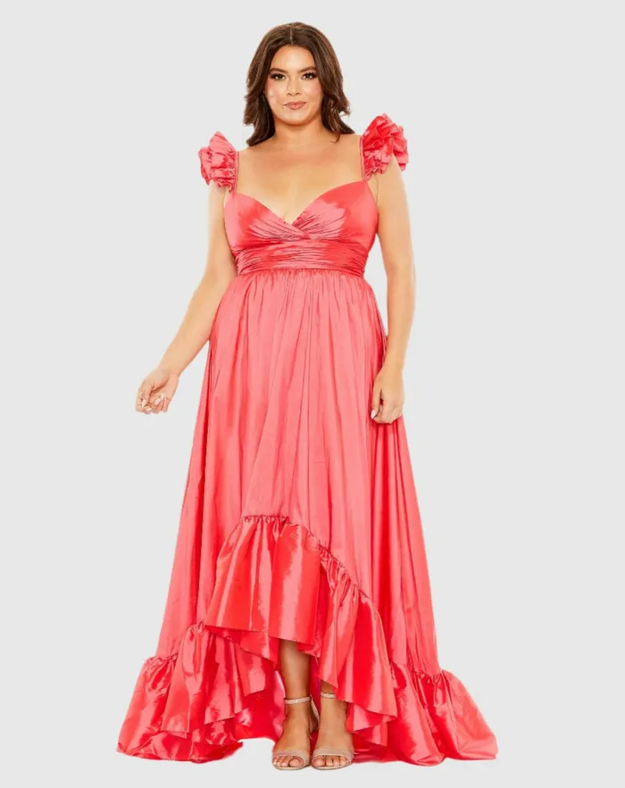 Mac Duggal Ruffle Strap High Low Gown Plus Watermelon Women Plus Size Dresses