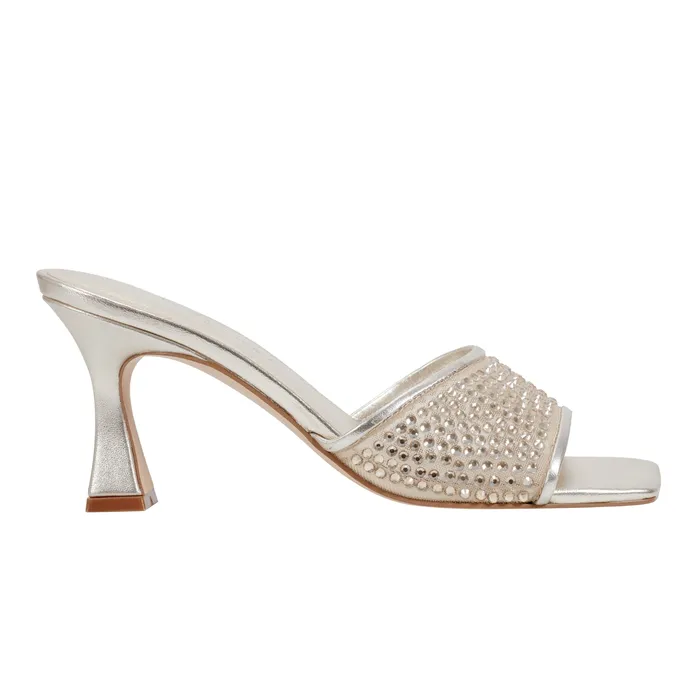 Marc Fisher Mules and Slides Women Delaney Studded Slide Sandal Platino Leather