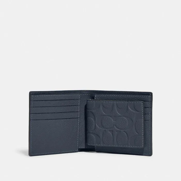 Men 3 In 1 Wallet In Signature Leather Dark Denim Coach Billfolds