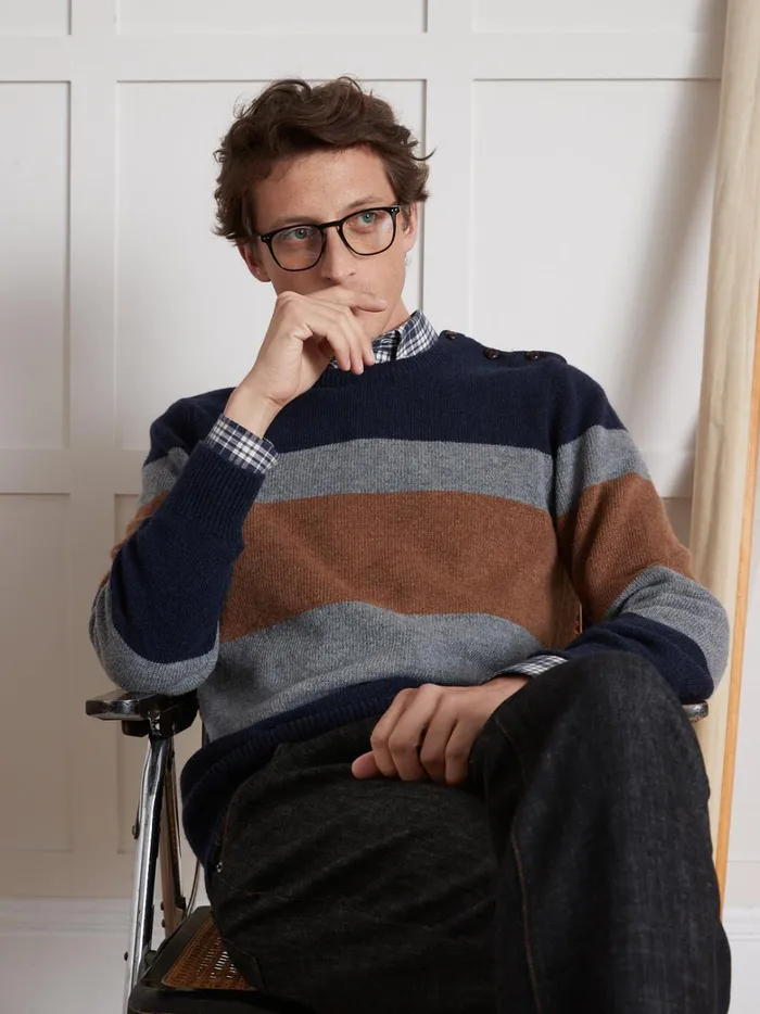 Men Clothing Cyrillus Colorblock Sweater With Round Neckline Rayure Bleue