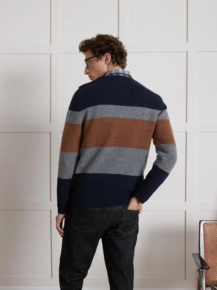 Men Clothing Cyrillus Colorblock Sweater With Round Neckline Rayure Bleue